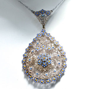 1920s Czech Silver Filigree Blue Flower Necklace